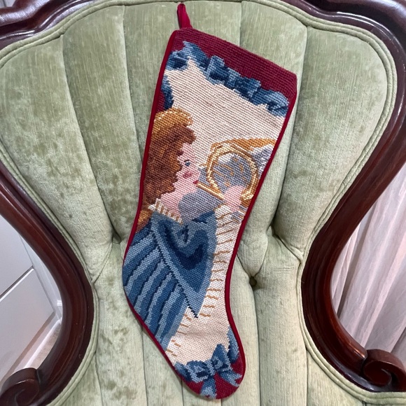 Needlepoint Angel Christmas Stocking Bow Cottage Grandma Handmade Needlework - Picture 1 of 6
